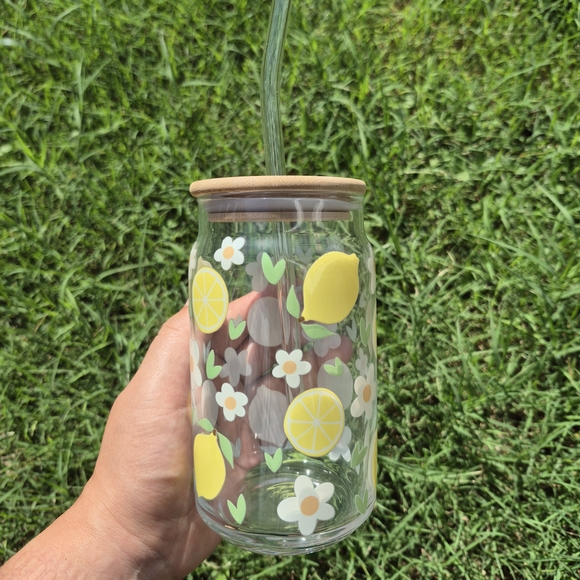 Lemon and Daisy Glass Tumbler‎ with Bamboo Lid - Picture 2 of 3